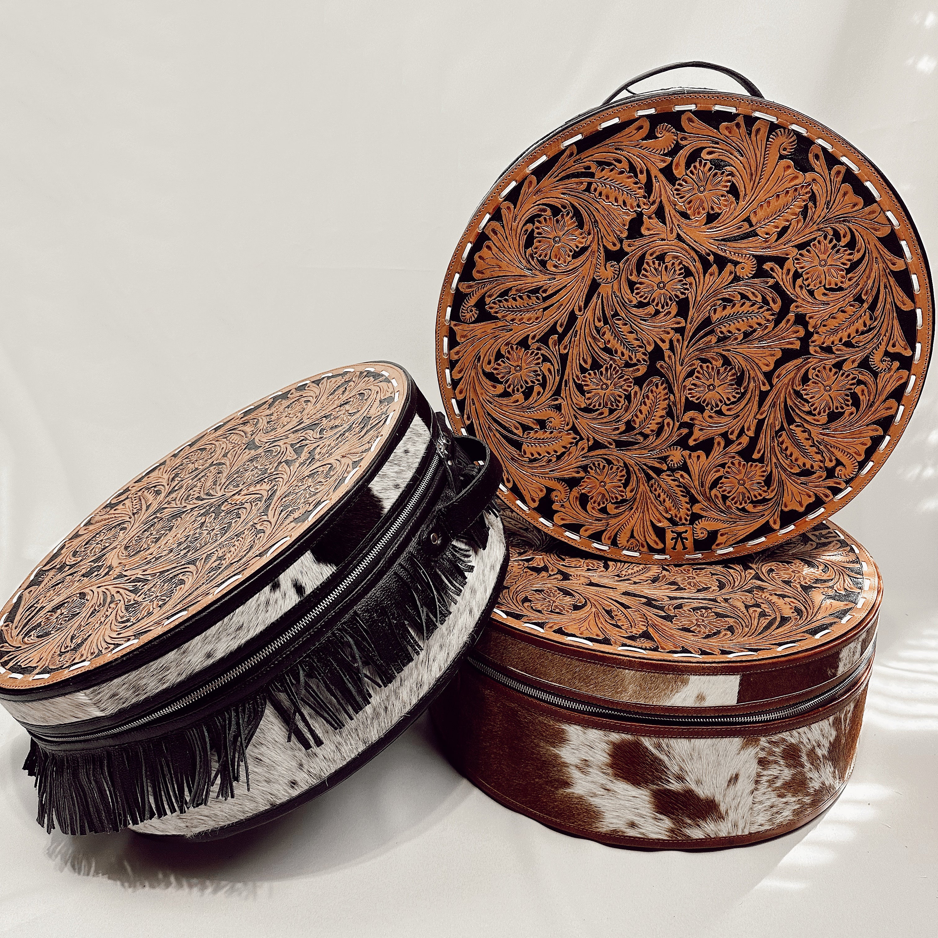 Tooled Leather Hat Case -Black Fringe