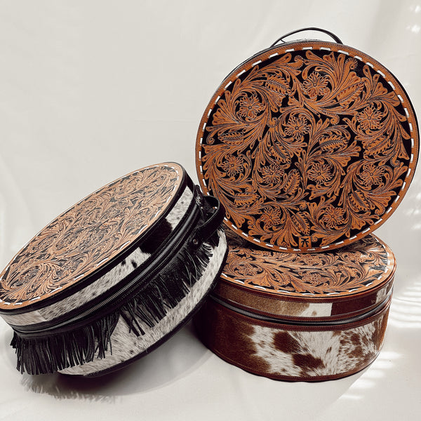Tooled Leather Hat Case -Black Fringe