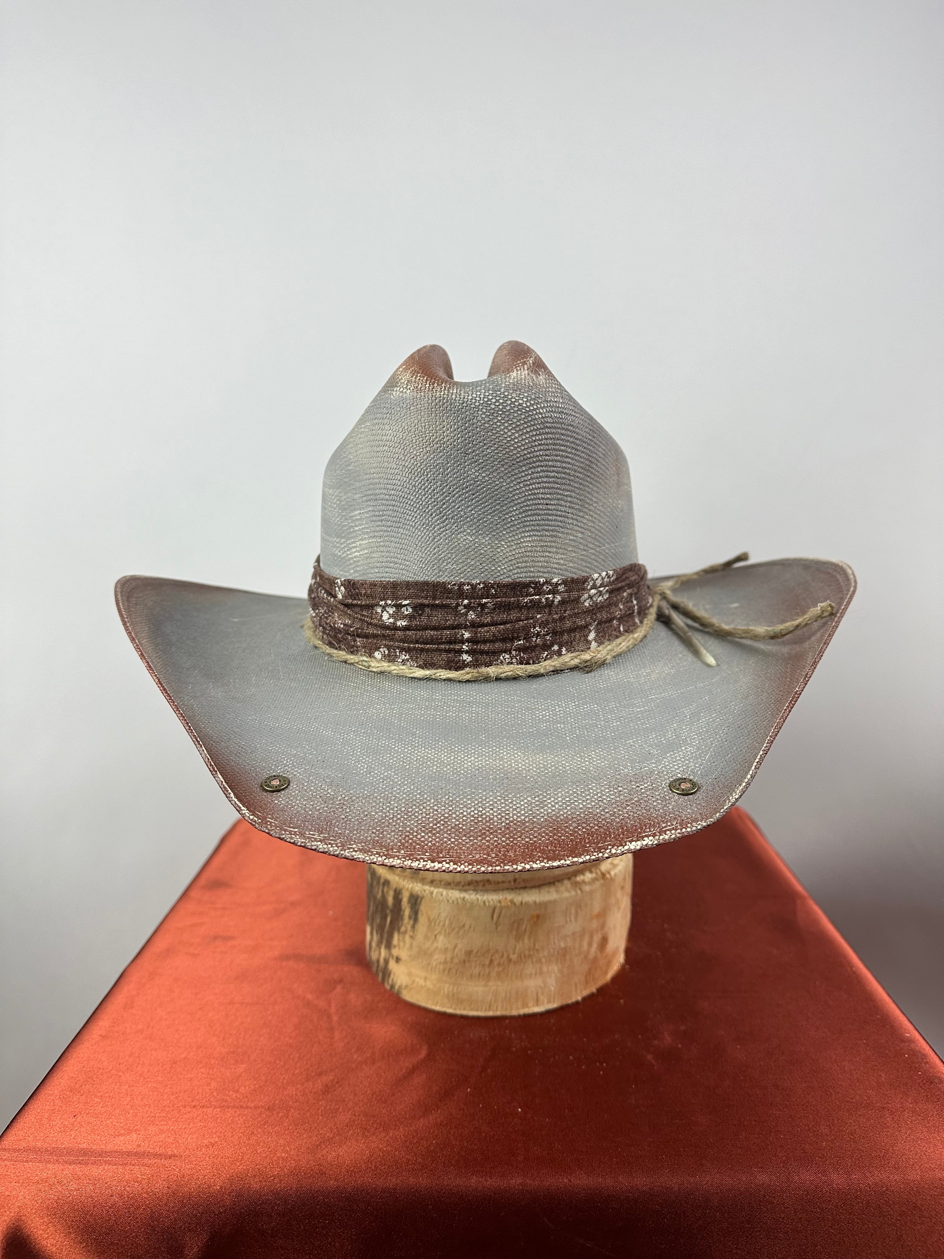 Gray and Brown Straw Western Hat 7 3/8