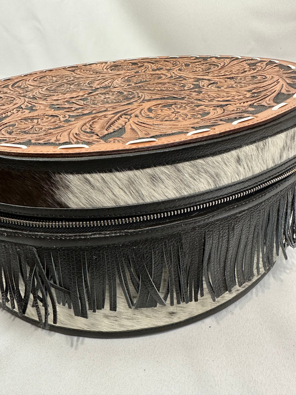 Tooled Leather Hat Case -Black Fringe